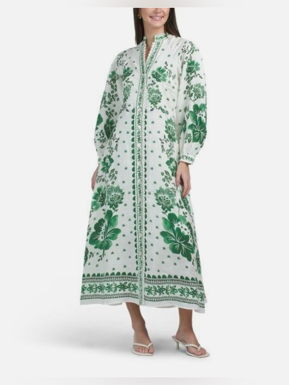 MAGASCHONI Green Floral Embroidered Long Sleeve Linen Shirtdress Size XL